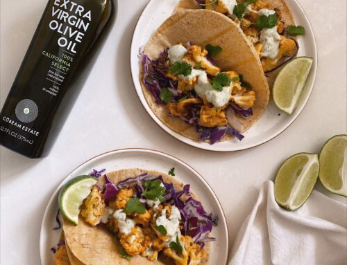 Air Fried Buffalo Cauliflower Tacos, in collaboration with Cobram Estate